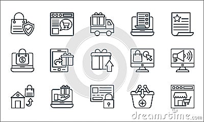 shopping line icons line icons. linear set. quality vector line set such as online shopping, secure payment, online shopping, add Vector Illustration