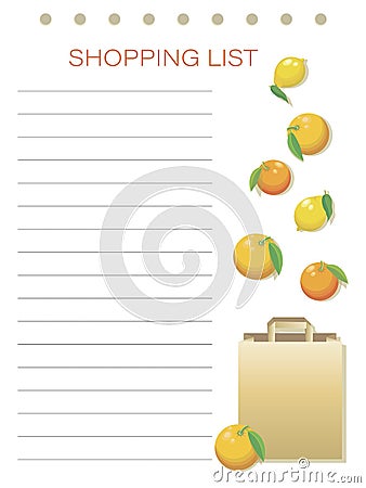 Shopping list. Citruses. Vector personalized shopping list. Simple flat design memo pages. Vector Illustration