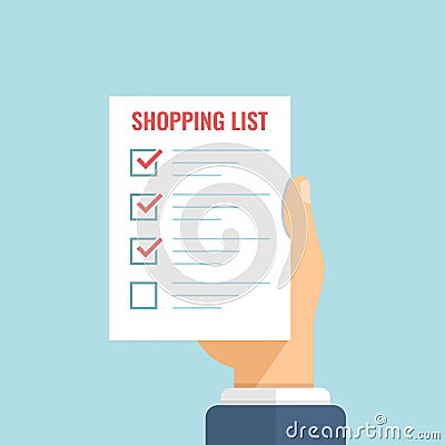 Shopping list in hand icon in flat style. Memo pages vector illustration on isolated background. Daily planner sign business Vector Illustration