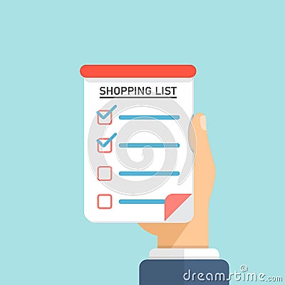 Shopping list in hand icon in flat style. Memo pages vector illustration on isolated background. Daily planner sign business Vector Illustration