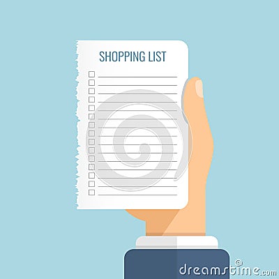 Shopping list in hand icon in flat style. Memo pages vector illustration on isolated background. Daily planner sign business Vector Illustration