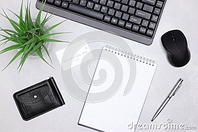Shopping list, Internet shopping, online payments concept. Keyboard with computer mouse, credit card with wallet, blank notebook Stock Photo