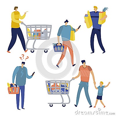 Shopping list. Man in supermarket shop for family. Cart consume lifestyle retail purchase store shopaholic mall shopper Vector Illustration