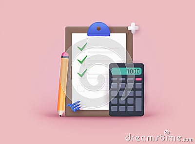 Shopping list for the store. Family budget concept. Planning finances and calculates budget. 3D Web Vector Illustrations Vector Illustration