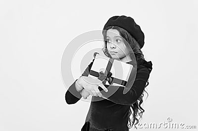 Shopping mall. boxing day. parisian girl in french beret go shopping. autumn fashion. school fall season. greedy small Stock Photo