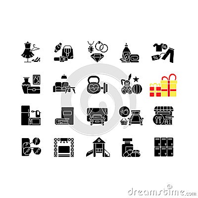 Shopping mall categories black glyph icons set on white space Vector Illustration