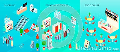 Shopping Mall Isometric Banners Set Vector Illustration