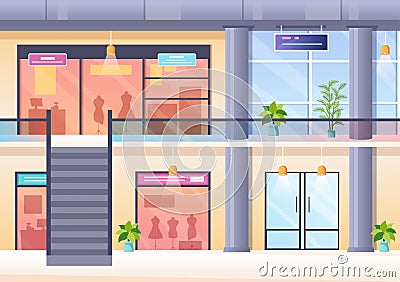 Shopping Mall Modern Background Illustration with Interior Inside, Escalator and Various Retail Store in Flat Style Design Vector Illustration