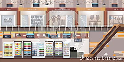 Shopping mall with modern retail store and supermarket Vector Illustration