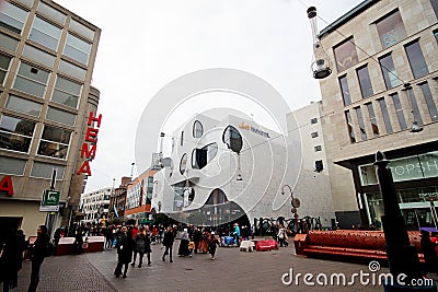 shopping mall at th Grote Marktstraat with several colours on the Dagelijkse Groenmarkt in the city center of The Hague, The Nethe Editorial Stock Photo