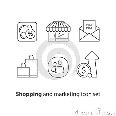 Sales increase, shopping and marketing, email promotion, loyalty program, discount coupon, revenue growth Vector Illustration