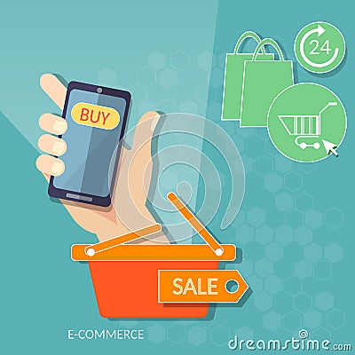 Shopping mobile man holding smart phone online store web market Vector Illustration