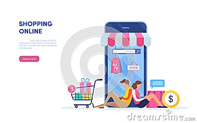 Shopping on mobile. Online store. internet marketing. Online payment. Flat cartoon miniature illustration vector Cartoon Illustration