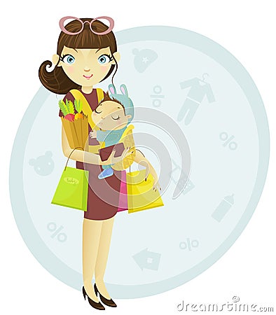 Shopping mum and baby Vector Illustration