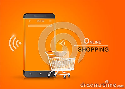 parcel boxs in shopping cart placed next to the smartphone for online shopping Vector Illustration