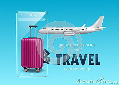 luggage and passport placed in front clear glass smartphone and in the back there is a plane on the plane flying in the air Vector Illustration