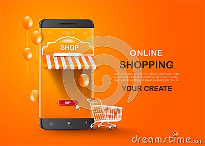 shopping cart is placed in front of the smartphone shop Vector Illustration