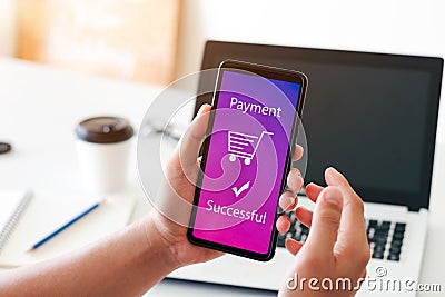 Shopping online, shopping through the applications online. Stock Photo