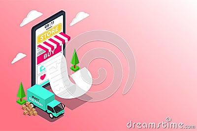 Shopping Online. Big smartphone digital marketing and e-commerce with Huge bill concept. Supermarket in device online store. Vector Illustration