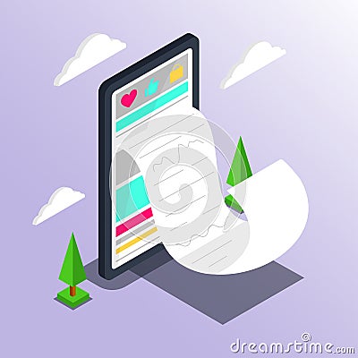 Shopping Online. Big smartphone digital marketing and e-commerce with Huge bill concept. Supermarket in device online store. Vector Illustration