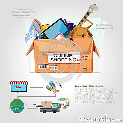 shopping online. Cardboard box for shipping with gadgets - vector Stock Photo