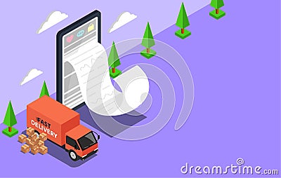 Shopping Online with Delivery service. Big smartphone digital marketing and e-commerce with Huge bill concept. Supermarket in Vector Illustration