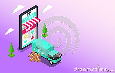 Shopping Online with Delivery service. Big smartphone digital marketing and e-commerce with Huge bill concept. Supermarket in Vector Illustration