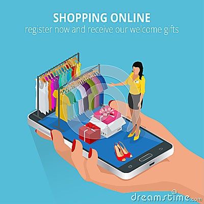 Shopping online. Mobile store. Flat illustration for web and mobile phone services and apps. Flat 3d vector isometric Vector Illustration