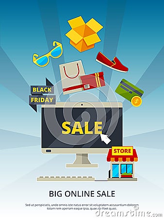 Shopping online. By products on website mobile app smartphone estore payment on pc vector background marketing placard Vector Illustration