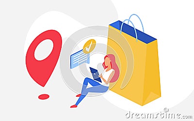 Shopping online, sales concept, woman shopper sitting with phone next to big shopping bag Vector Illustration