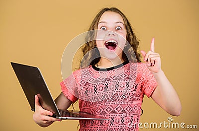Shopping online. school project. home schooling education. happy small girl with notebook. child development in digital Stock Photo