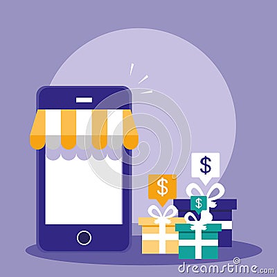 Shopping online with smartphone and gift box present Vector Illustration