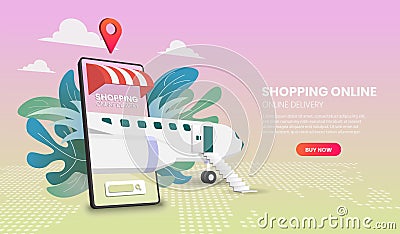 Shopping Online on Website or Mobile with plane Application Vector 3d Vector Illustration