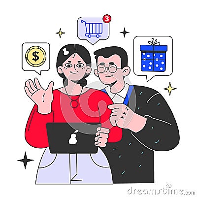 Shopping. Parents shopping online at home for upcoming holidays Vector Illustration