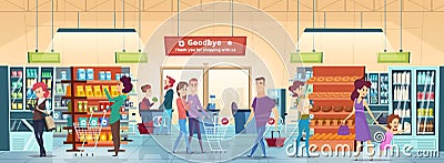 Shopping people. Characters in retail food market with shopping cart buying grocery products vector Vector Illustration