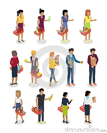 Shopping People Isometric Characters Vector Set Vector Illustration