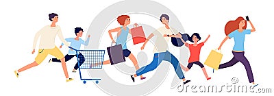 Shopping people. Man woman kids run to store. Sale time, black friday or discount season. Customers with bags and market Vector Illustration