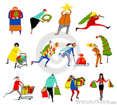 Shopping people set. Christmas sale collection. Group of people Vector Illustration