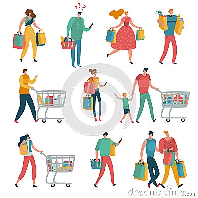 Shopping people set. Man woman shop family cart consume lifestyle retail purchase store shopaholic female mall shopper Vector Illustration