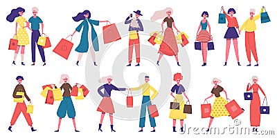 Shopping people. Shopaholic male and female characters, people buy clothes, food or presents. People with shopping bags Vector Illustration