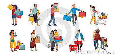 Shopping people. Trendy cartoon characters on retail store, happy buyers at discount shop. Vector people in mall scenes Vector Illustration