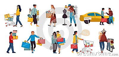 Shopping people. Trendy family and couples cartoon characters at mall shopping, happy cute persons at retail stores Vector Illustration