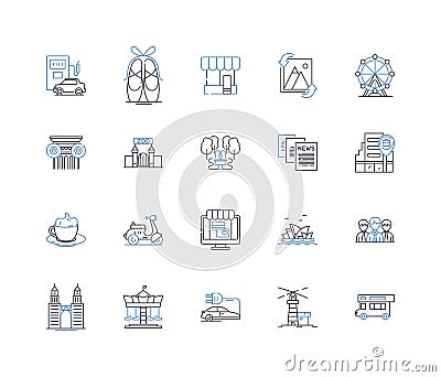 Shopping precinct line icons collection. Mall, Plaza, Bazaar, Arcade, Complex, Centre, Marketplace vector and linear Vector Illustration