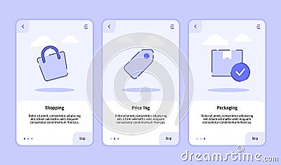Shopping price tag packaging onboarding screen for mobile apps template banner page UI with three variations modern flat Vector Illustration