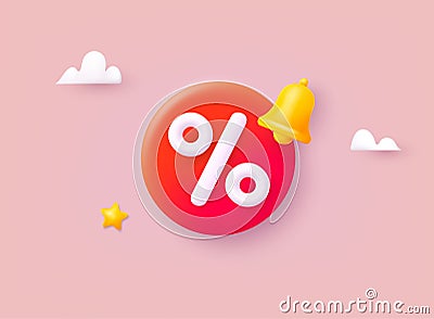 Shopping price tag, percent symbol with discount reminder bell. Online shopping, discount offer, sales, promotion. 3D Web Vector Vector Illustration