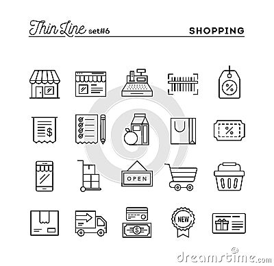 Shopping, retail, delivery, gift card, discount and more, thin l Cartoon Illustration