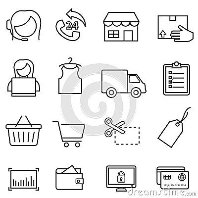 Shopping, retail, and online e-commerce line icon set Vector Illustration