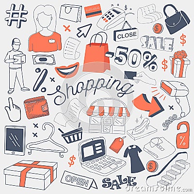 Shopping Sale Freehand Doodle with Clothes, Accessories and Money. Summer Discount Hand Drawn Elements Set Vector Illustration