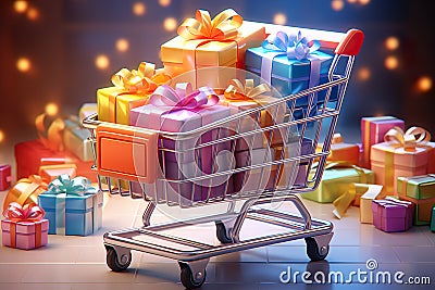 Shopping sale promotion. Full Shopping Cart, Gift box. Concept of Great Discount, Black friday and anniversary Stock Photo