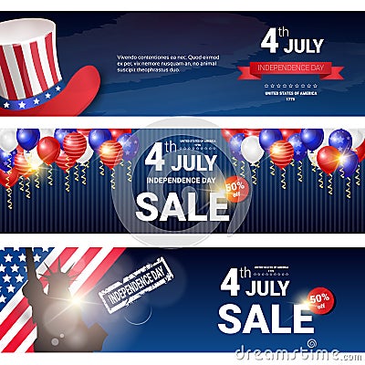 Shopping Sale To United States Independence Day Holiday 4 July Discount Banner Set Vector Illustration